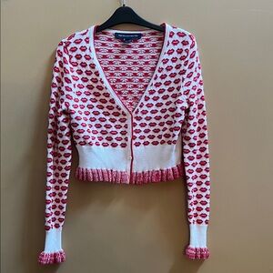 French Connection Red and White Lip Pattern Cardigan